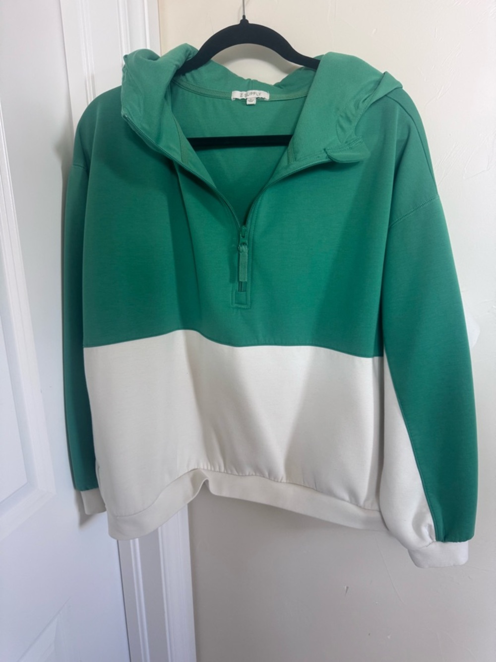 💚Z Supply Colorblock Half Zip Hoodie Sweatshirt Green Cream Size Large💚